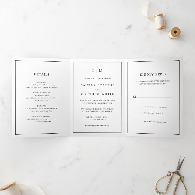 Simple Black and White Monogram Wedding Tri-Fold Invitation