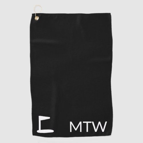 Simple Black and White Monogram with Golf Flag Golf Towel