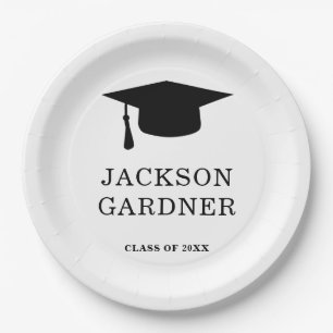 Simple Black and White Mortar Board Graduation Paper Plates
