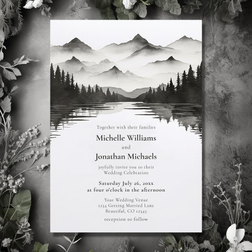 Simple Black and White Mountain Lake Wedding Invitation