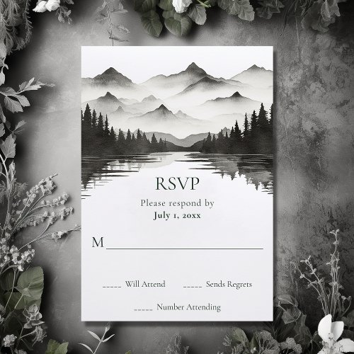 Simple Black and White Mountain Lake Wedding RSVP Card