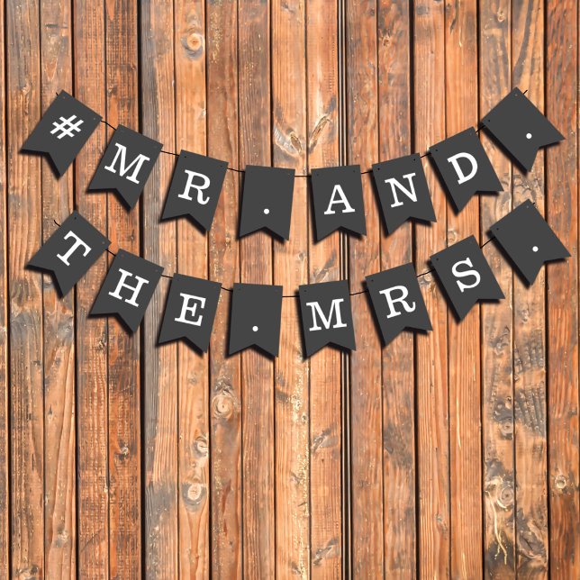 Simple Black and White Mr and The Mrs Wedding Bunting Flags (Add your own wedding hashtag to these black and white bunting flags)