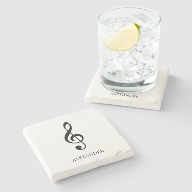 Simple Black and White Name Music Note Treble Clef Stone Coaster (Side)