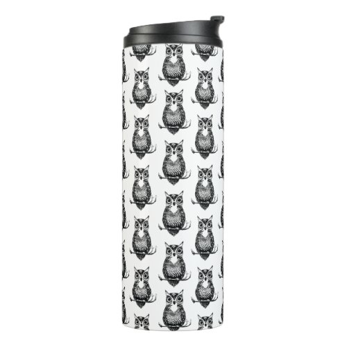 Simple Black and White Owl Pattern Thermal Tumbler