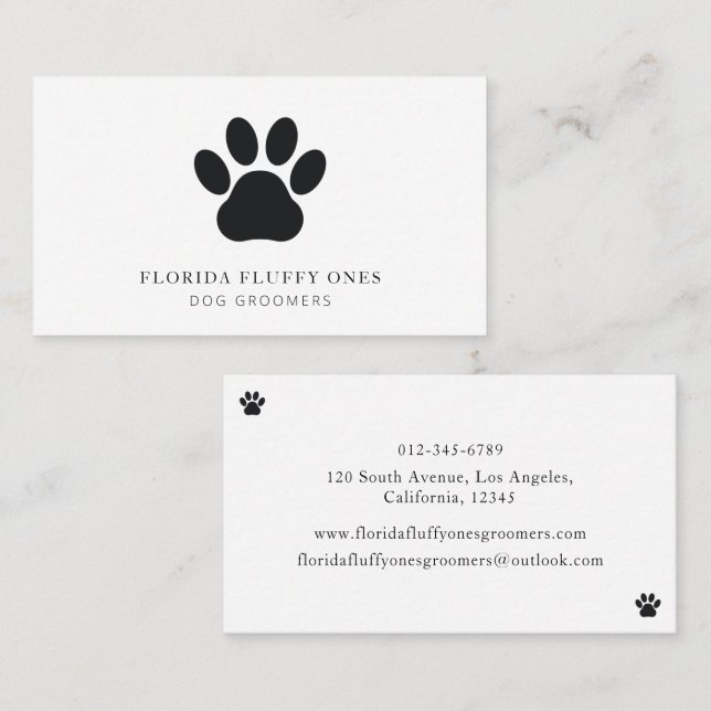 Simple Black and White Paw Print Dog Groomer Business Card (Front/Back)