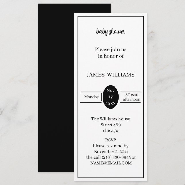 Simple Black And White Personalised Baby Shower  Invitation (Front/Back)