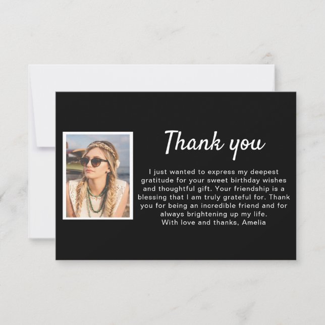 Simple Black and White Photo Birthday  Thank You Card (Front)