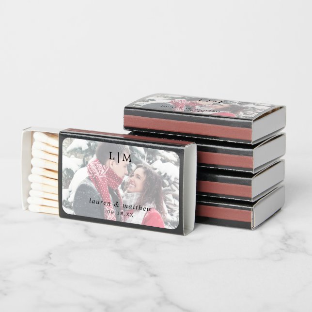 Simple Black and White Photo Elegant Wedding Matchboxes (Stacked)