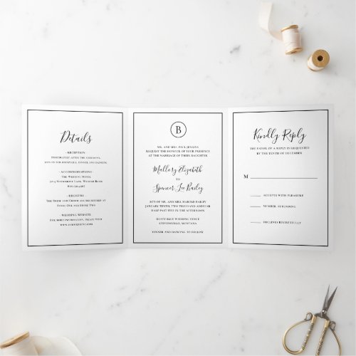 Simple Black and White Photo Monogram Wedding Tri_Fold Invitation