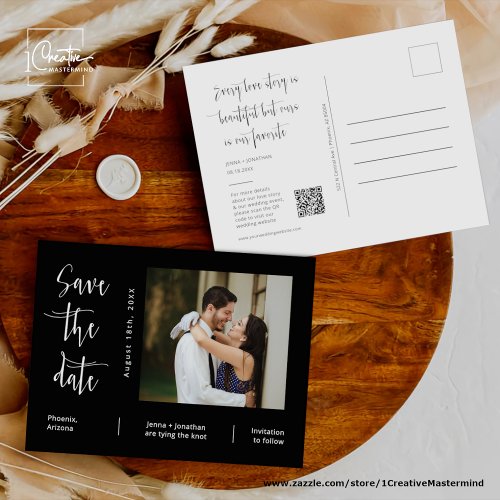 Simple Black and White Photo QR Code Save The Date Postcard