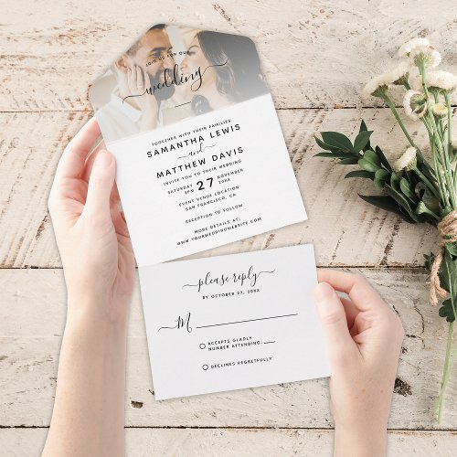 Simple Black and White Photo Wedding All In One Invitation