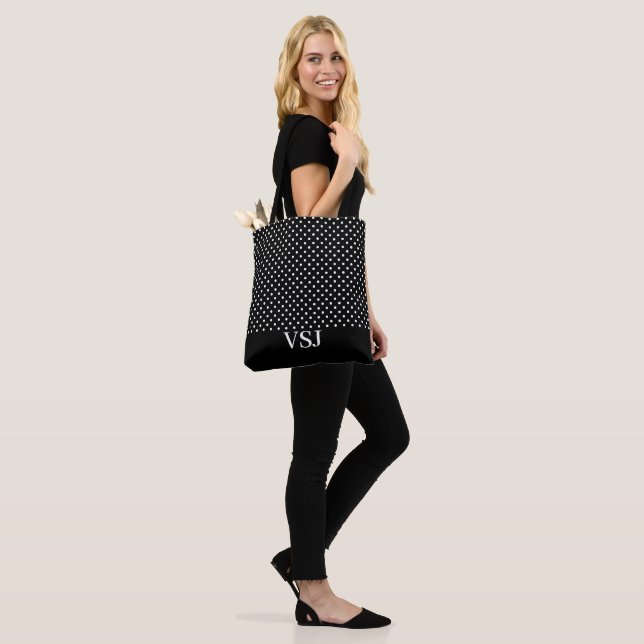 Simple Black and White Polka Dot Monogram Tote Bag (On Model)