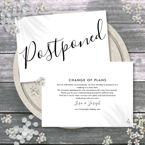 Simple Black and White Postponed Elegant Script Save The Date