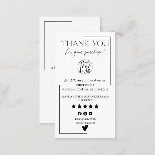 Simple black and white review order thank you business card