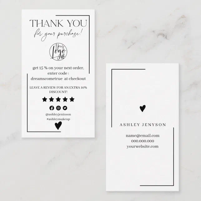 Simple Black And White Review Order Thank You Business Card 