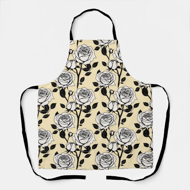 Simple Black And White Roses In A Graphic Style  Apron (Front)