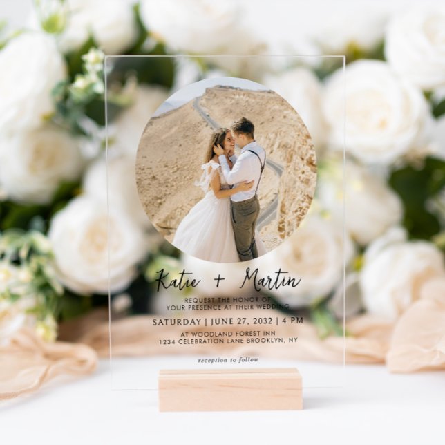 Simple Black and White Round Photo Wedding Acrylic Invitations (Creator Uploaded)