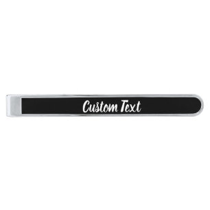 Simple Black and White Script Cursive Add Text Silver Finish Tie Bar