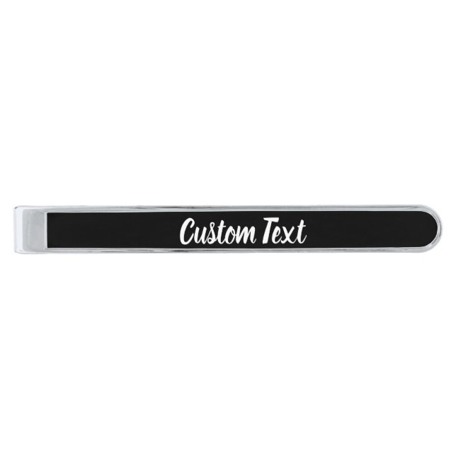 Simple Black and White Script Cursive Add Text Silver Finish Tie Bar (Front)