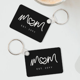 Simple Black and White Script Mom Established Est Keychain