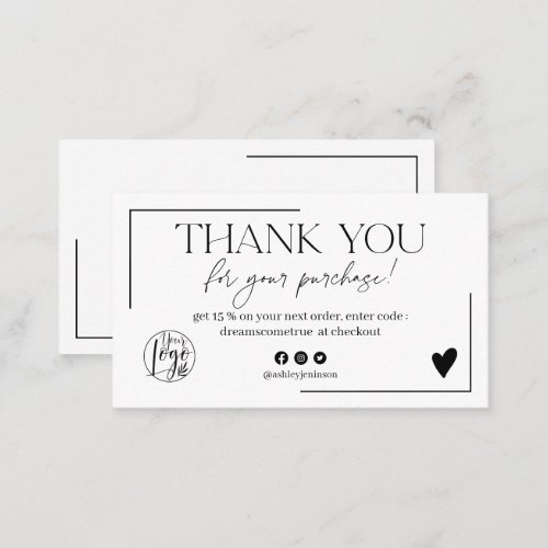 Simple black and white script order thank you business card