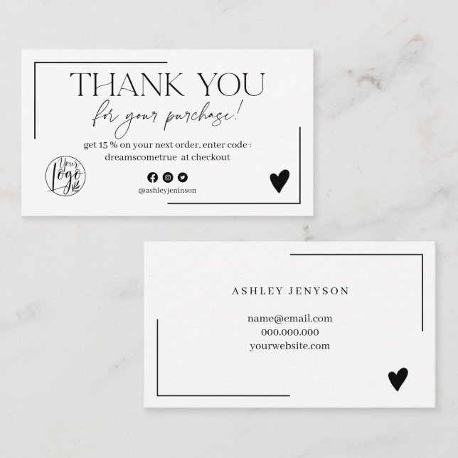 Simple black and white script order thank you business card (Front/Back)