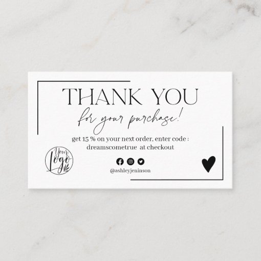 Simple black and white script order thank you business card | Zazzle