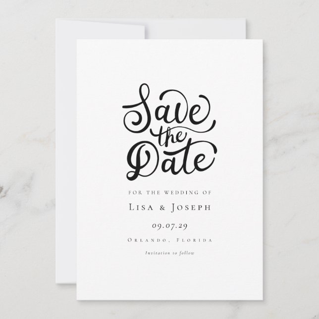 Simple Black and White Script Save the Date Invitation (Front)