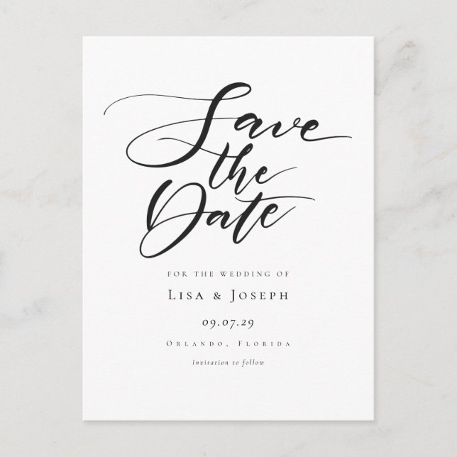 Simple Black and White Script Save the Date Postcard (Front)