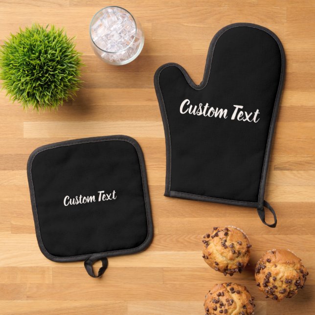 Simple Black and White Script Text Template Oven Mitt & Pot Holder Set (Top Down)