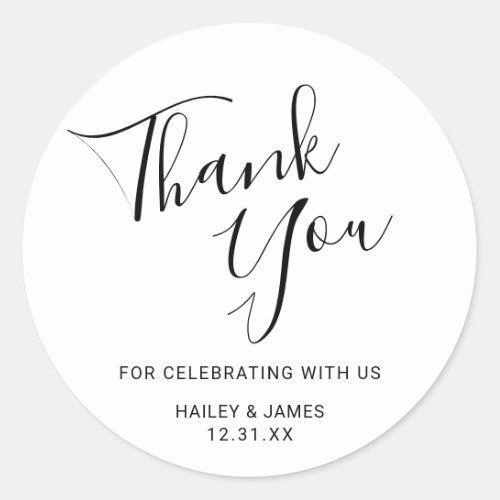 Simple Black and White Script Thank You Wedding Classic Round Sticker