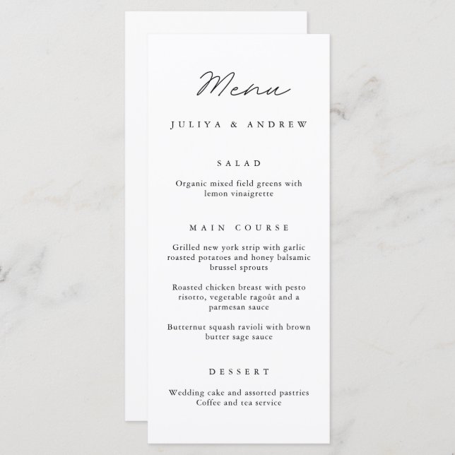 Simple black and white script Wedding Menu card  (Front/Back)