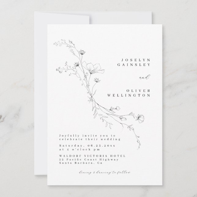 Simple Black and White Sketched Floral Wedding Invitation (Front)