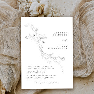 Simple Black and White Sketched Floral Wedding Invitation