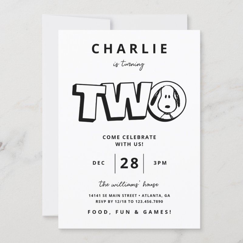 Simple Black and White Snoopy 2nd Birthday Invitation