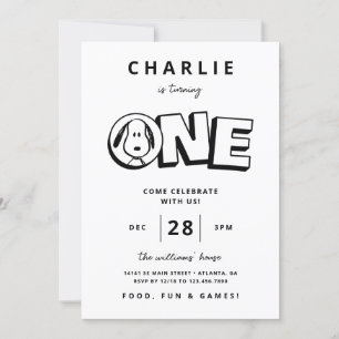 Simple Black and White Snoopy First Birthday Invitation