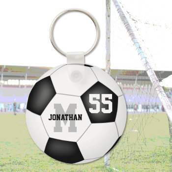 Simple Black And White Soccer Ball Personalized Keychain by katz_d_zynes at Zazzle