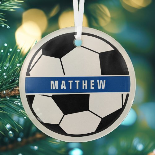 Simple Black and White Soccer Football Monogram Glass Ornament