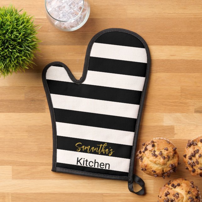 Simple Black and White Stripes Gold Script Name Oven Mitt (Top down)