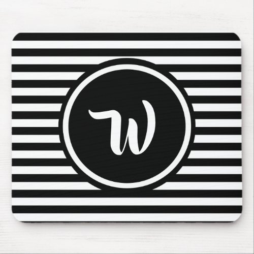 Simple Black and White Stripes Striped Initials Mouse Pad