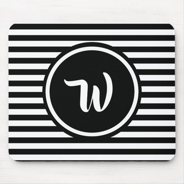 Simple Black and White Stripes Striped Initials Mouse Pad (Front)