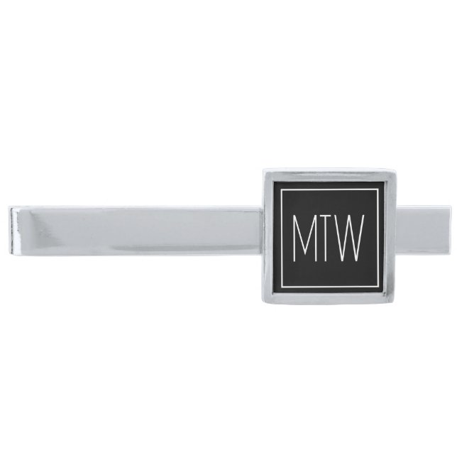 Simple Black and White Text Monogram Template Silver Finish Tie Bar (Front)