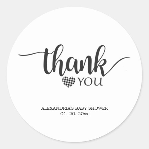Simple Black and White Thank You Baby Shower Classic Round Sticker