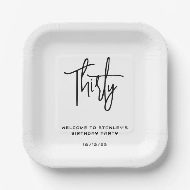 Simple Black and White Thirty Birthday Party Paper Plates (Front)