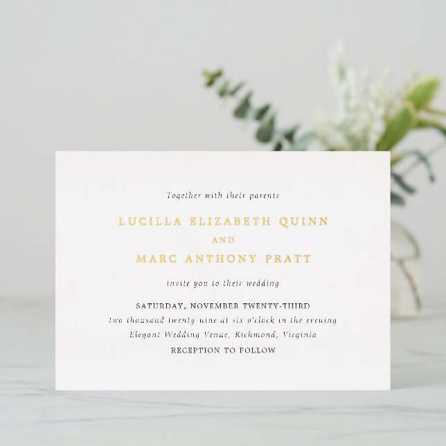Simple Black and White Timeless Wedding Foil Invitation (Standing Front)