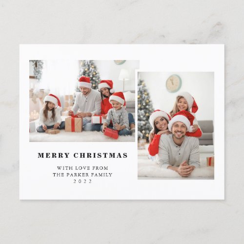 Simple Black and White Two Photo Merry Christmas Holiday Postcard