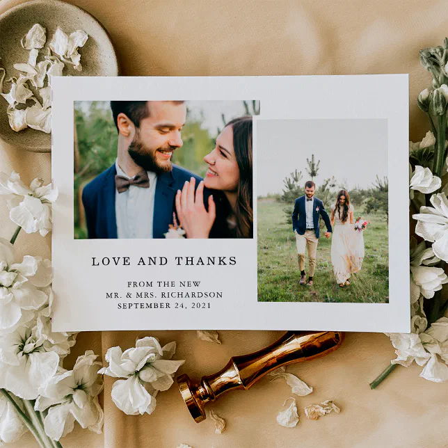 Simple Black and White Two Photo Wedding Thank You Postcard | Zazzle