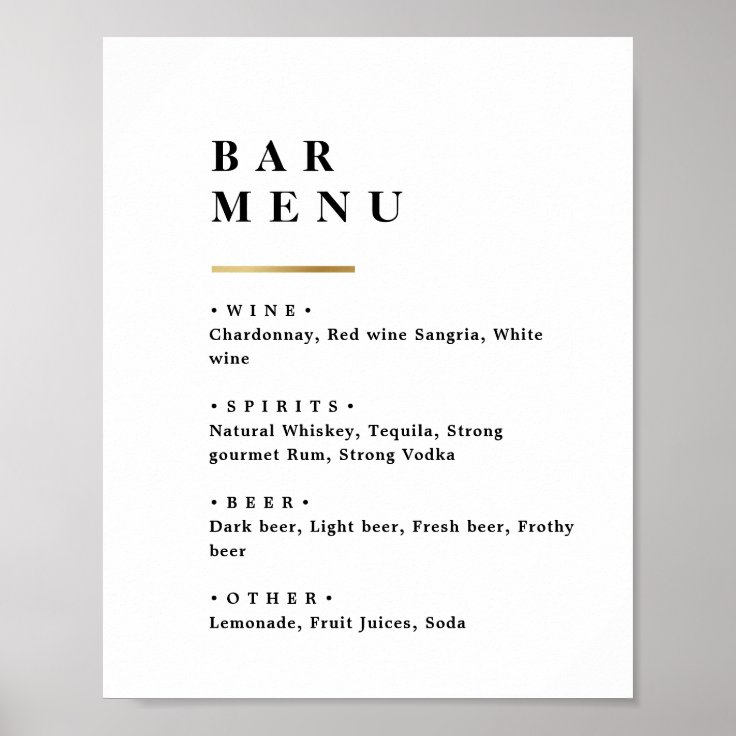 Simple Black and white Typography wedding Bar menu Poster | Zazzle