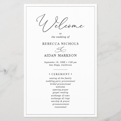 Simple Black and White Wedding Ceremony Program - Designed to coordinate with our Classic BnW wedding collection, this customizable Ceremony program card, features a sweeping script calligraphy text paired with a classy serif font in black. Background & text colours can be changed to match any color theme. Matching items available.