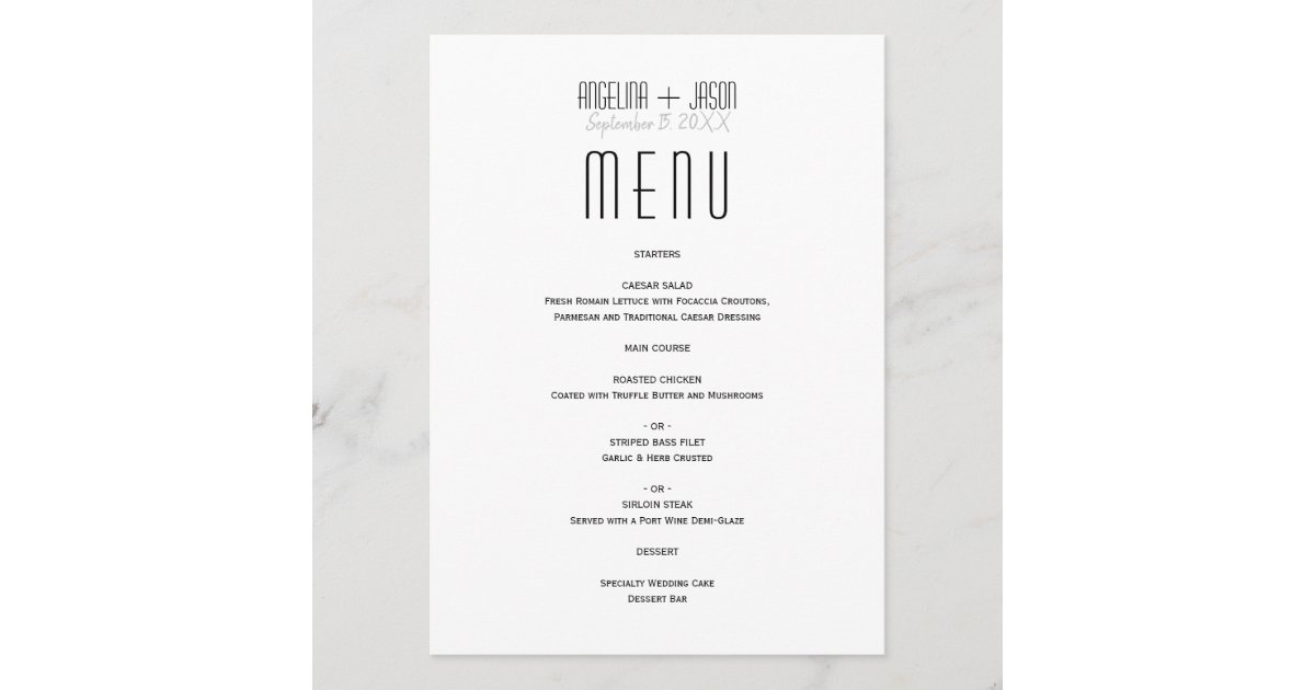 Simple Black and White Wedding Menu | Zazzle